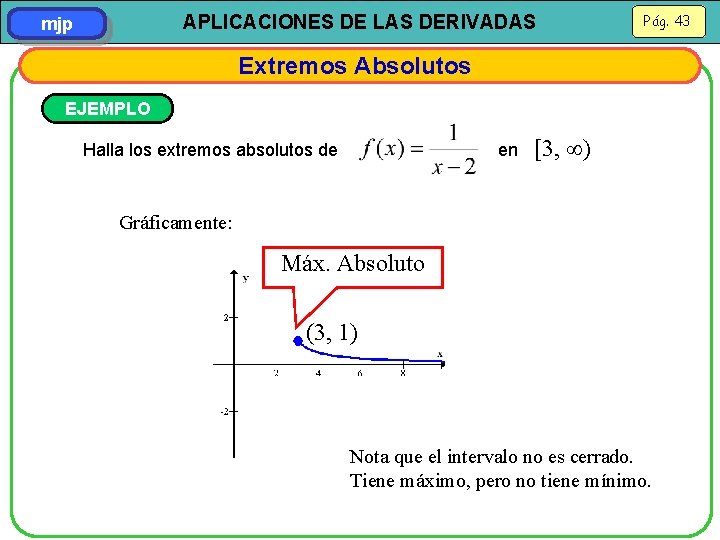 APLICACIONES DE LAS DERIVADAS mjp Pág. 43 Extremos Absolutos EJEMPLO Halla los extremos absolutos