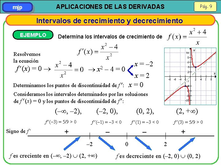 Pág. 9 APLICACIONES DE LAS DERIVADAS mjp Intervalos de crecimiento y decrecimiento EJEMPLO Determina