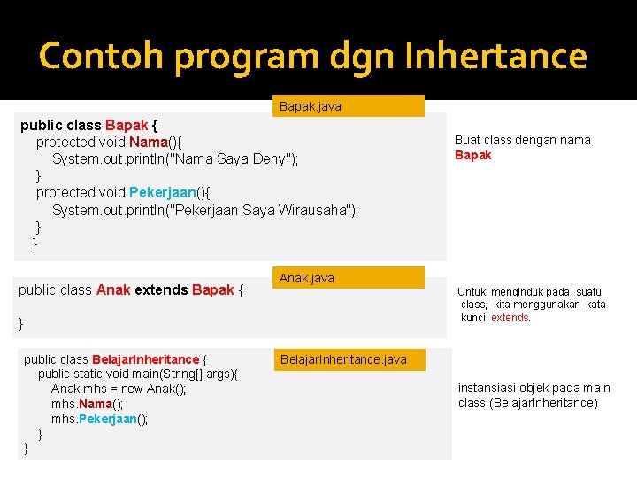 Contoh program dgn Inhertance Bapak. java public class Bapak { protected void Nama(){ System.