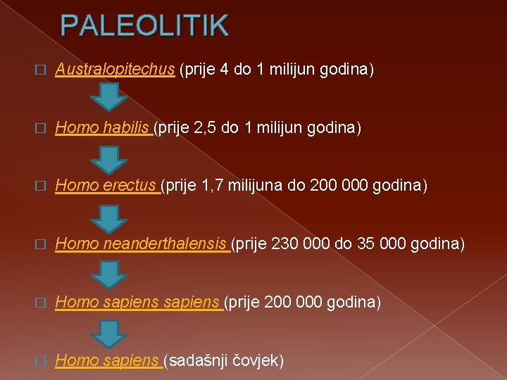 PALEOLITIK � Australopitechus (prije 4 do 1 milijun godina) � Homo habilis (prije 2,