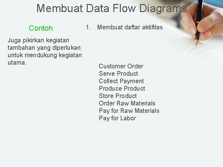 Membuat Data Flow Diagrams Contoh Juga pikirkan kegiatan tambahan yang diperlukan untuk mendukung kegiatan