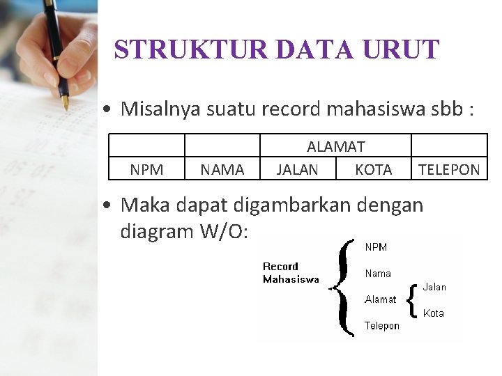STRUKTUR DATA URUT • Misalnya suatu record mahasiswa sbb : NPM NAMA ALAMAT JALAN