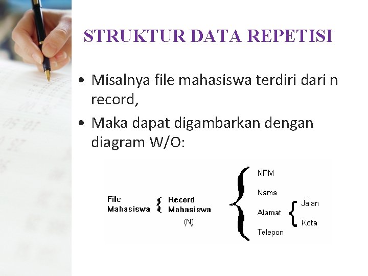 STRUKTUR DATA REPETISI • Misalnya file mahasiswa terdiri dari n record, • Maka dapat