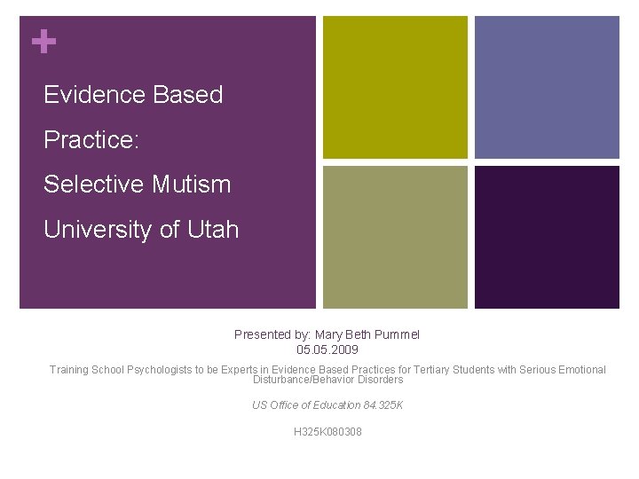 + Evidence Based Practice: Selective Mutism University of Utah Presented by: Mary Beth Pummel
