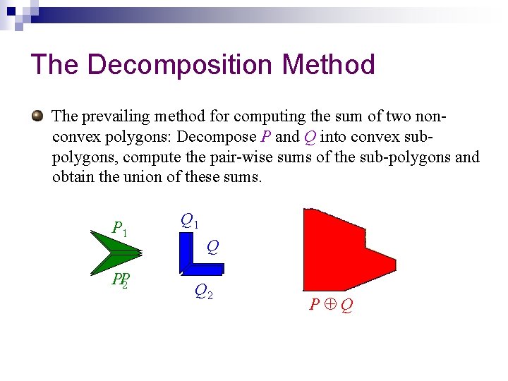 The Decomposition Method The prevailing method for computing the sum of two nonconvex polygons: