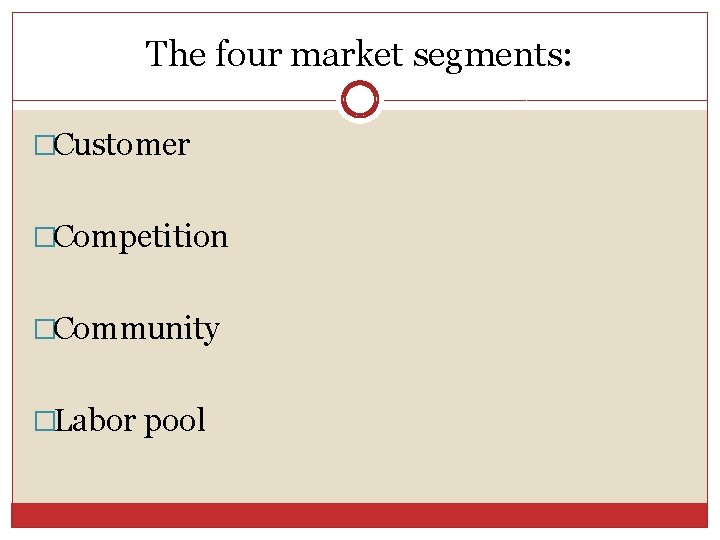 The four market segments: �Customer �Competition �Community �Labor pool The four market segments: �Customer �Competition �Community �Labor pool