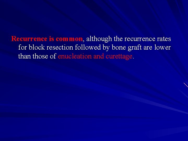 Recurrence is common, although the recurrence rates for block resection followed by bone graft