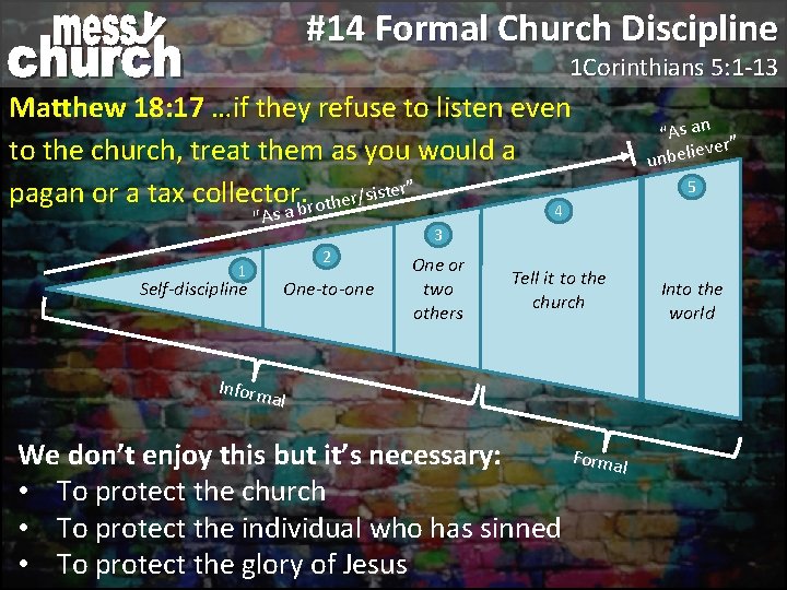 #14 Formal Church Discipline 1 Corinthians 5: 1 -13 Matthew 18: 17 …if they