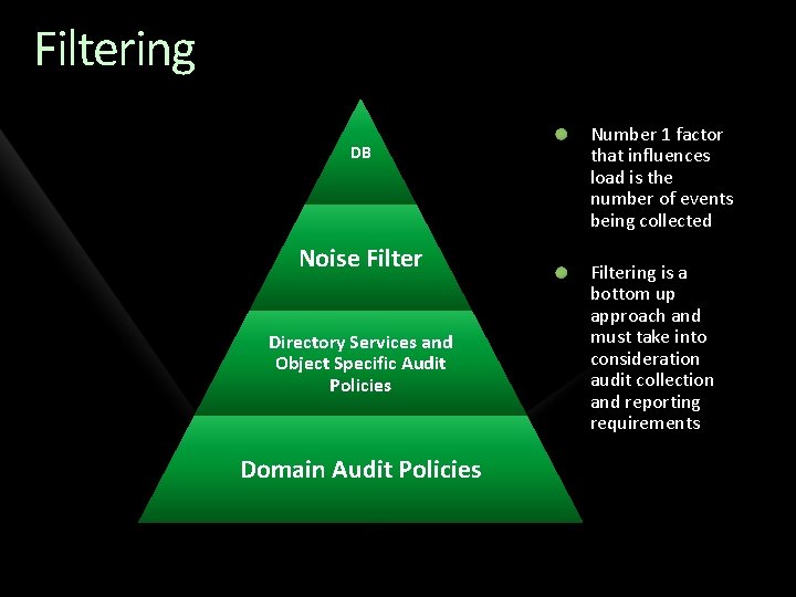 Filtering DB Noise Filter Directory Services and Object Specific Audit Policies Domain Audit Policies