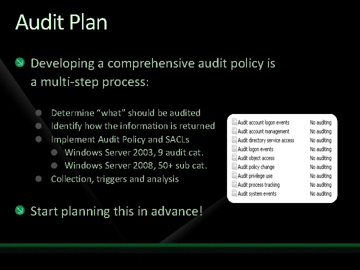 Audit Plan Developing a comprehensive audit policy is a multi-step process: Determine “what” should