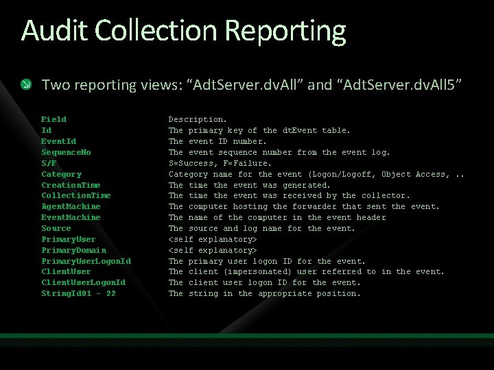 Audit Collection Reporting Two reporting views: “Adt. Server. dv. All” and “Adt. Server. dv.