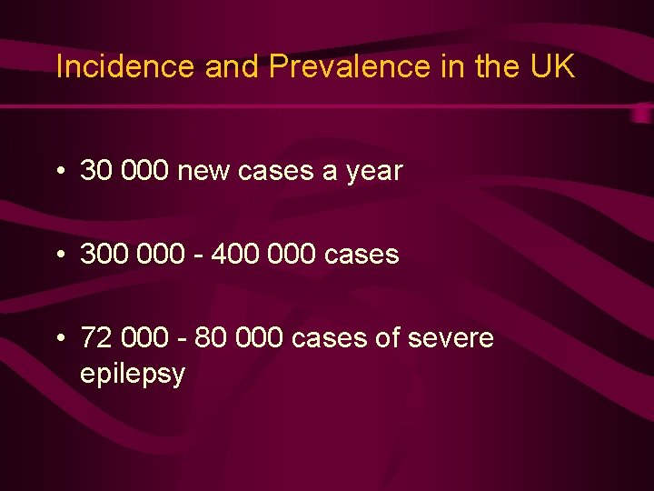 Incidence and Prevalence in the UK • 30 000 new cases a year •