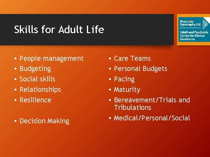 Skills for Adult Life • • • People management Budgeting Social skills Relationships Resilience