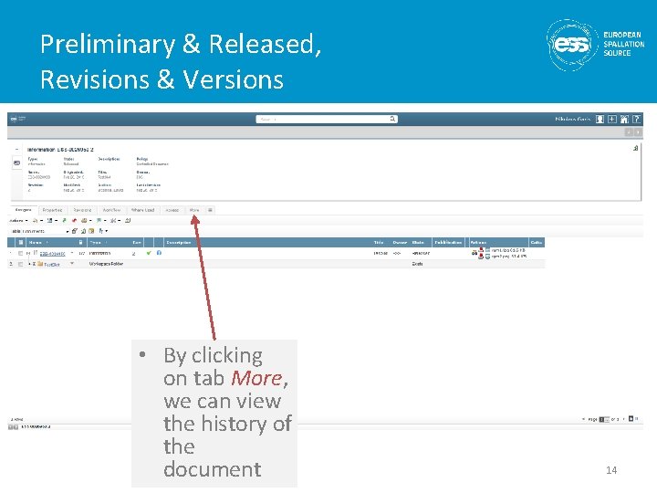 Preliminary & Released, Revisions & Versions • By clicking on tab More, we can
