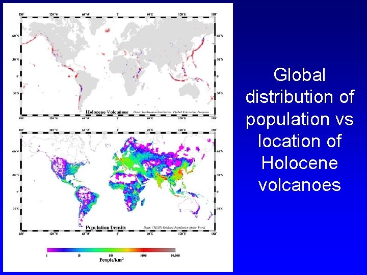 Global distribution of population vs location of Holocene volcanoes 