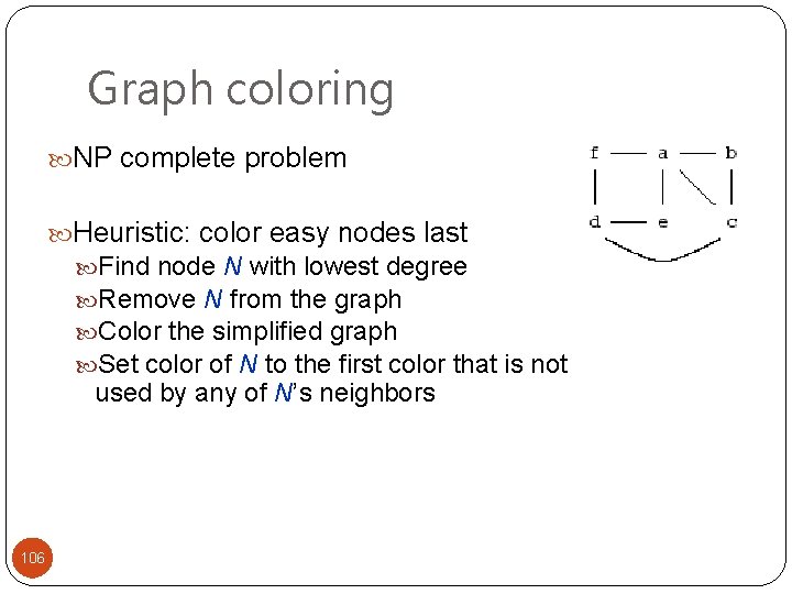 Graph coloring NP complete problem Heuristic: color easy nodes last Find node N with