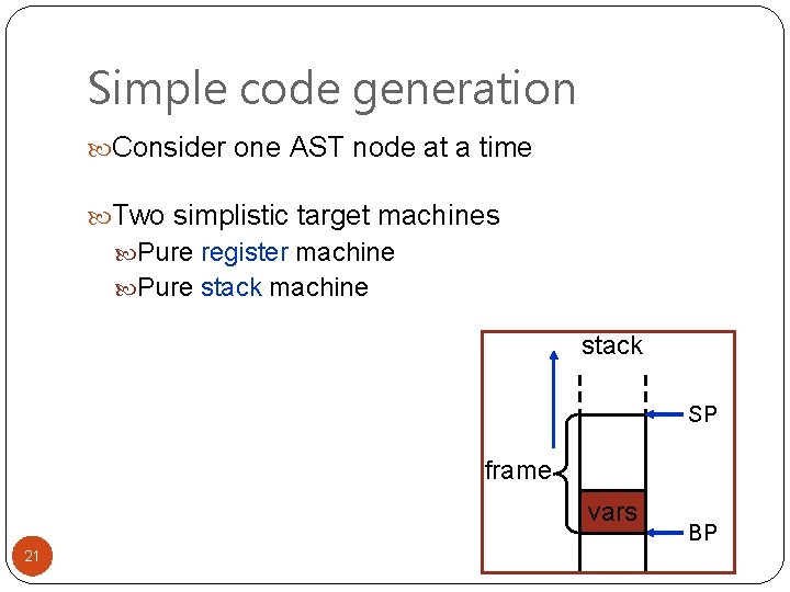 Simple code generation Consider one AST node at a time Two simplistic target machines