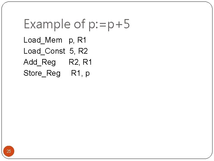 Example of p: =p+5 Load_Mem Load_Const Add_Reg Store_Reg 25 p, R 1 5, R