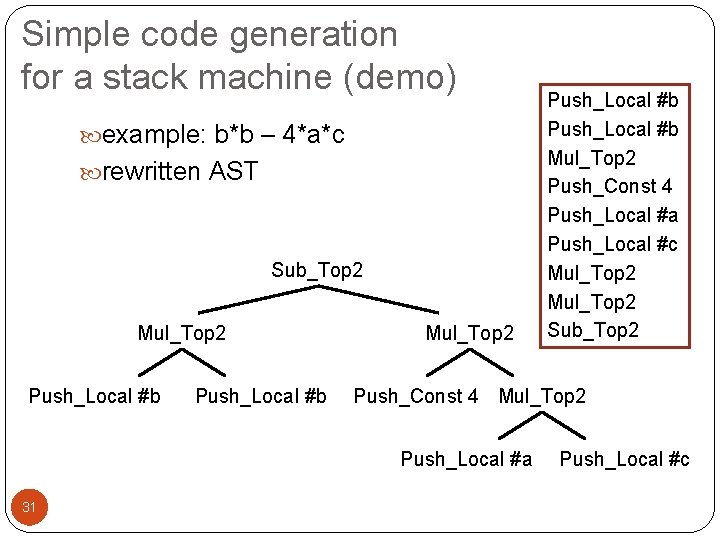 Simple code generation for a stack machine (demo) example: b*b – 4*a*c rewritten AST