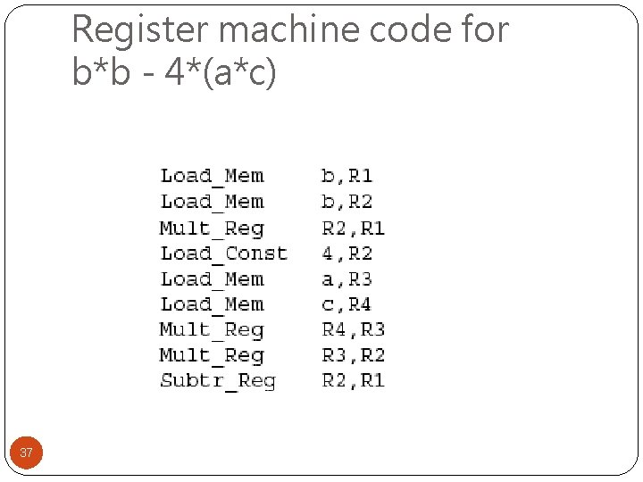Register machine code for b*b - 4*(a*c) 37 