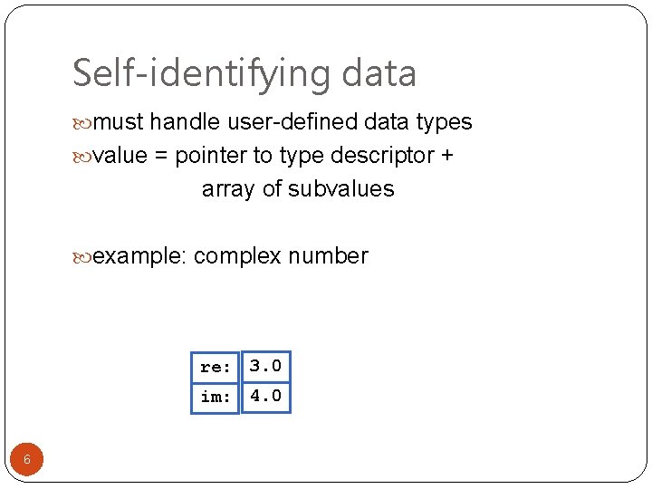 Self-identifying data must handle user-defined data types value = pointer to type descriptor +