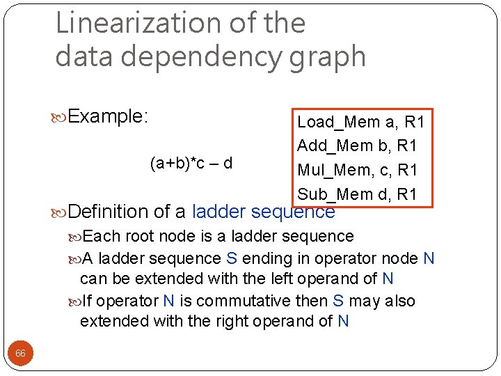 Linearization of the data dependency graph Example: (a+b)*c – d Load_Mem a, R 1