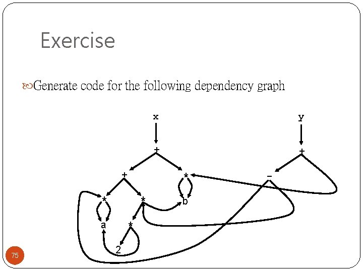 Exercise Generate code for the following dependency graph + 75 * * 2 y