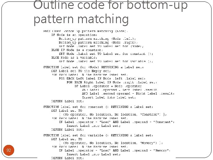 Outline code for bottom-up pattern matching 92 