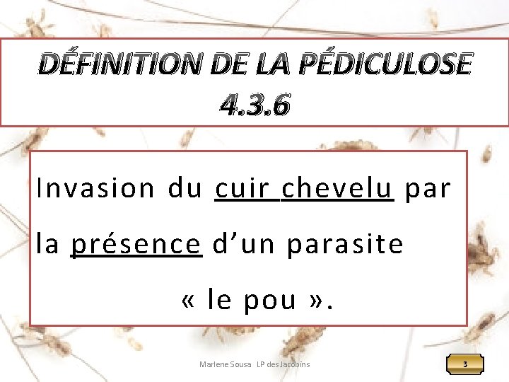 DÉFINITION DE LA PÉDICULOSE 4. 3. 6 Invasion du cuir chevelu par la présence