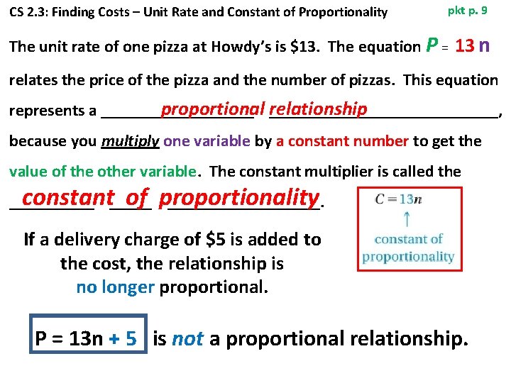 CS 2. 3: Finding Costs – Unit Rate and Constant of Proportionality pkt p.