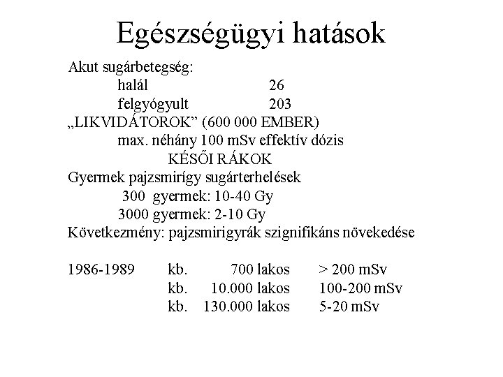 Egészségügyi hatások Akut sugárbetegség: halál 26 felgyógyult 203 „LIKVIDÁTOROK” (600 000 EMBER) max. néhány