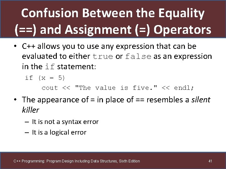 Confusion Between the Equality (==) and Assignment (=) Operators • C++ allows you to