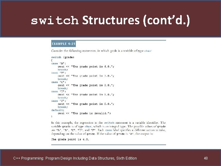 switch Structures (cont’d. ) C++ Programming: Program Design Including Data Structures, Sixth Edition 48