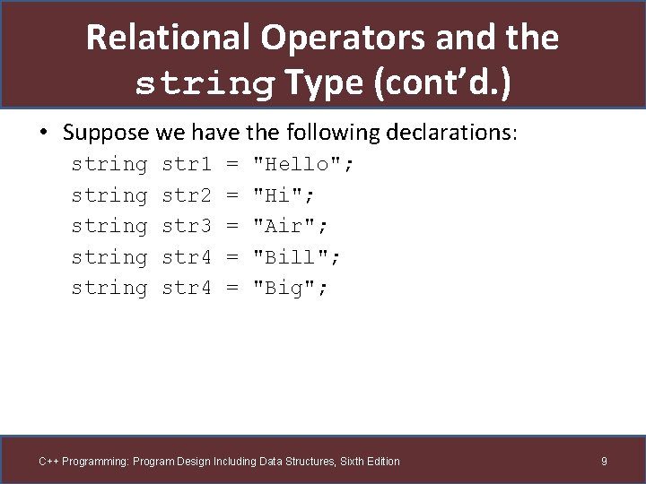 Relational Operators and the string Type (cont’d. ) • Suppose we have the following