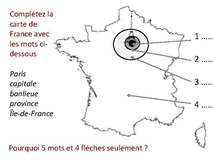 Complétez la carte de France avec les mots cidessous Paris capitale banlieue province Île-de-France