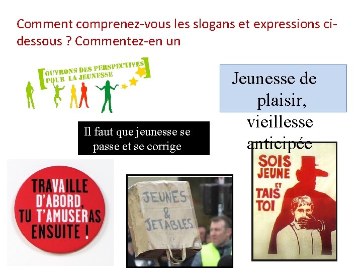 Comment comprenez-vous les slogans et expressions cidessous ? Commentez-en un Il faut que jeunesse