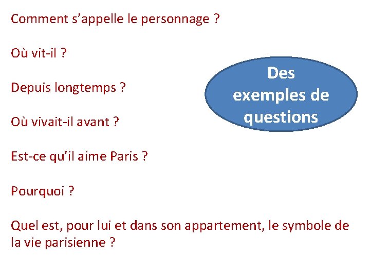 Comment s’appelle le personnage ? Où vit-il ? Depuis longtemps ? Où vivait-il avant