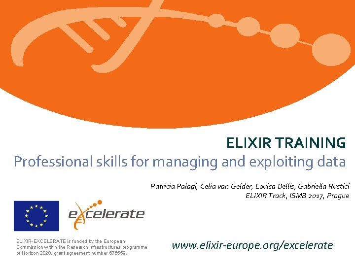 ELIXIR TRAINING Professional skills for managing and exploiting data Patricia Palagi, Celia van Gelder,