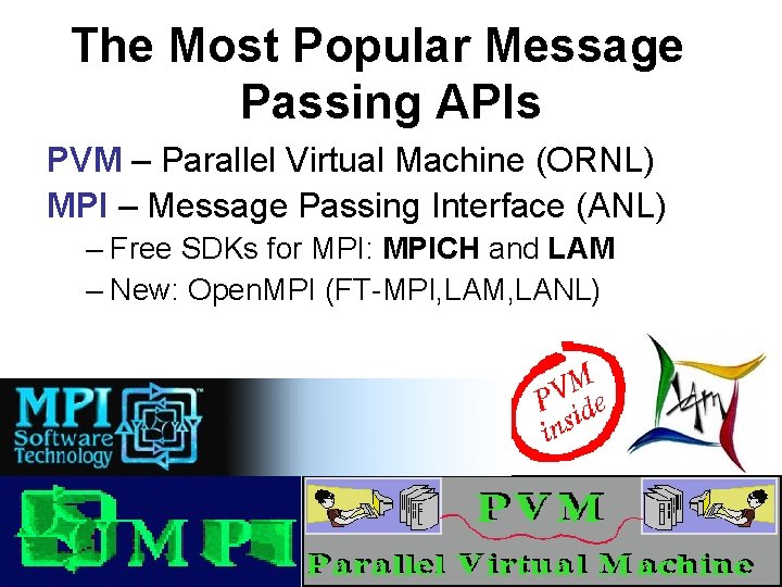 The Most Popular Message Passing APIs PVM – Parallel Virtual Machine (ORNL) MPI –