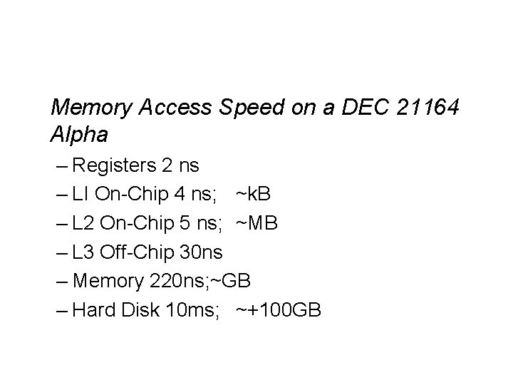 Memory Access Speed on a DEC 21164 Alpha – Registers 2 ns – LI