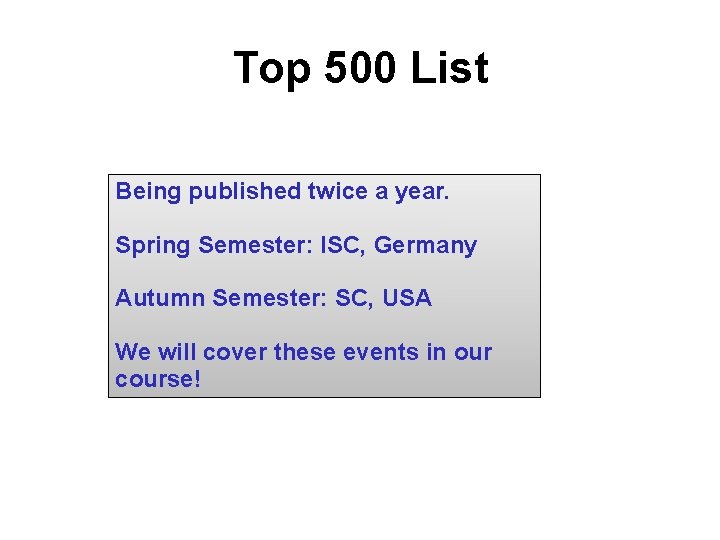 Top 500 List Being published twice a year. Spring Semester: ISC, Germany Autumn Semester: