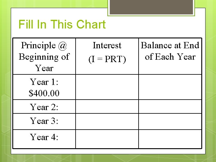 Fill In This Chart Principle @ Beginning of Year 1: $400. 00 Year 2: