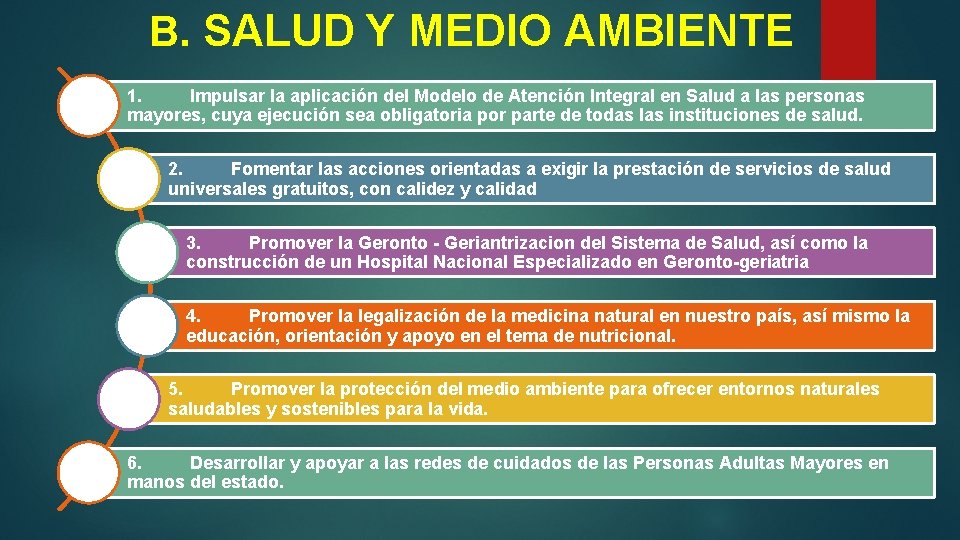 B. SALUD Y MEDIO AMBIENTE 1. Impulsar la aplicación del Modelo de Atención Integral