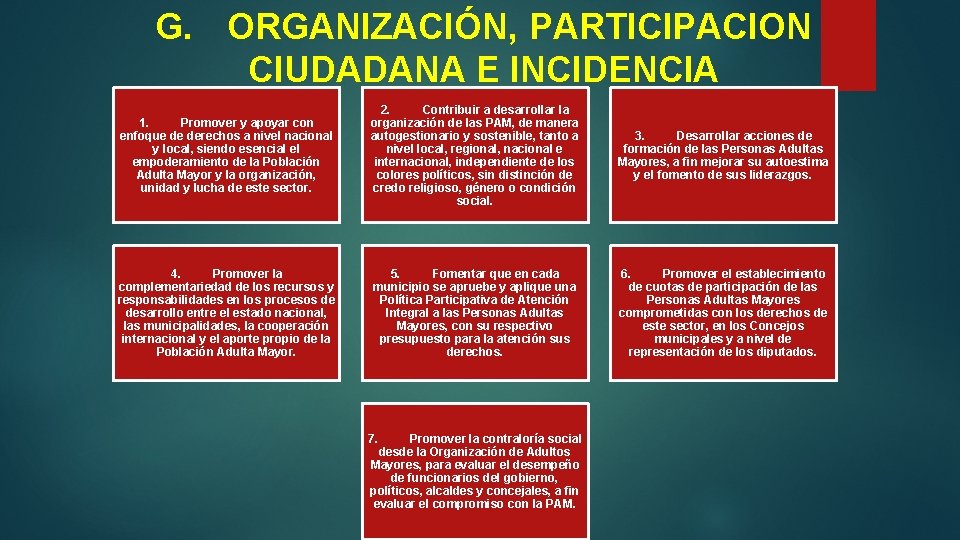 G. ORGANIZACIÓN, PARTICIPACION CIUDADANA E INCIDENCIA 1. Promover y apoyar con enfoque de derechos