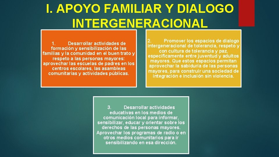 I. APOYO FAMILIAR Y DIALOGO INTERGENERACIONAL 1. Desarrollar actividades de formación y sensibilización de