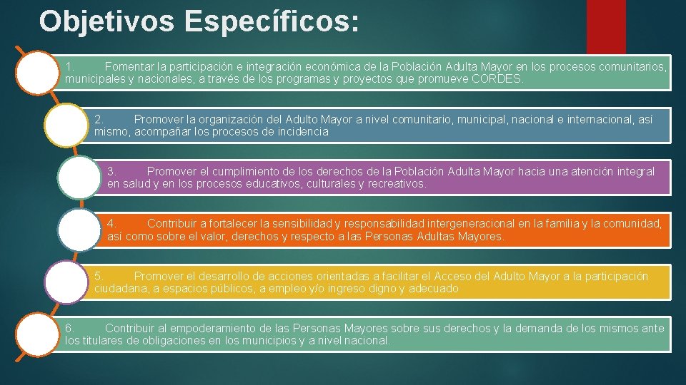 Objetivos Específicos: 1. Fomentar la participación e integración económica de la Población Adulta Mayor