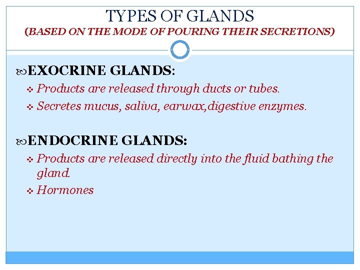 TYPES OF GLANDS (BASED ON THE MODE OF POURING THEIR SECRETIONS) EXOCRINE GLANDS: Products