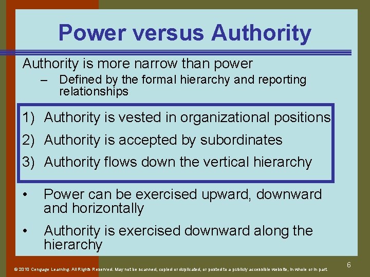 Power versus Authority is more narrow than power – Defined by the formal hierarchy