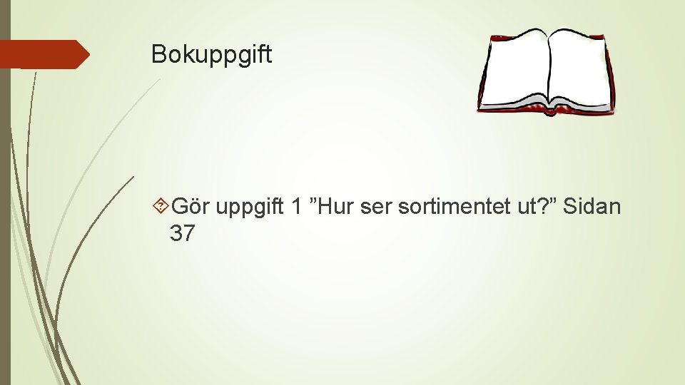 Bokuppgift Gör uppgift 1 ”Hur ser sortimentet ut? ” Sidan 37 