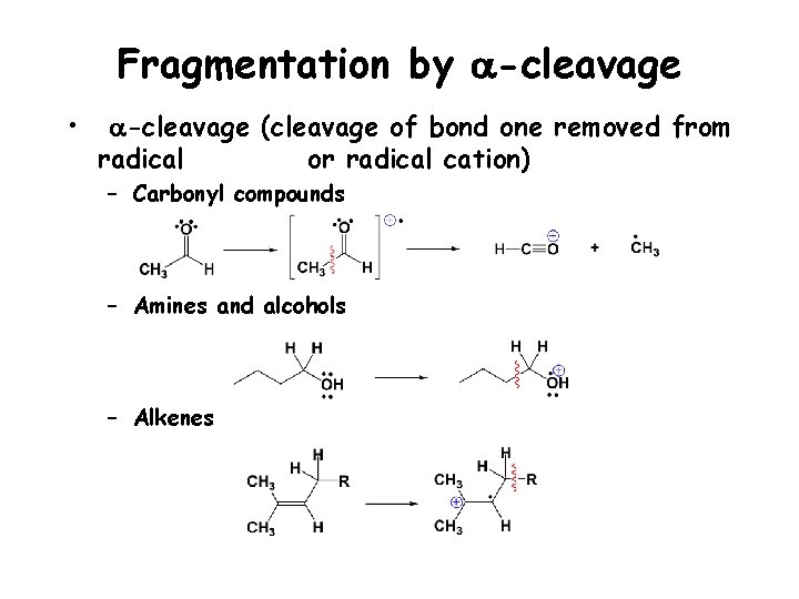 Fragmentation by a-cleavage • a-cleavage (cleavage of bond one removed from radical or radical